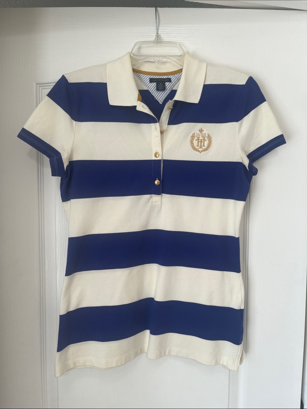 Tommy Hilfiger Women's Striped Polo Shirt in Blue and Cream with Crest Detail, M